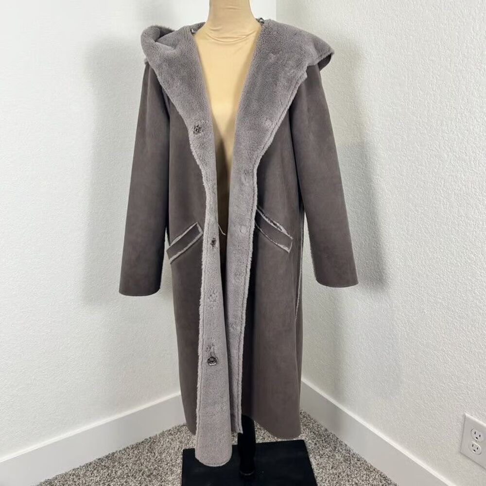 For The Republic Faux Shearling Hooded Duster Coat Womens M Gray Sherpa Lined